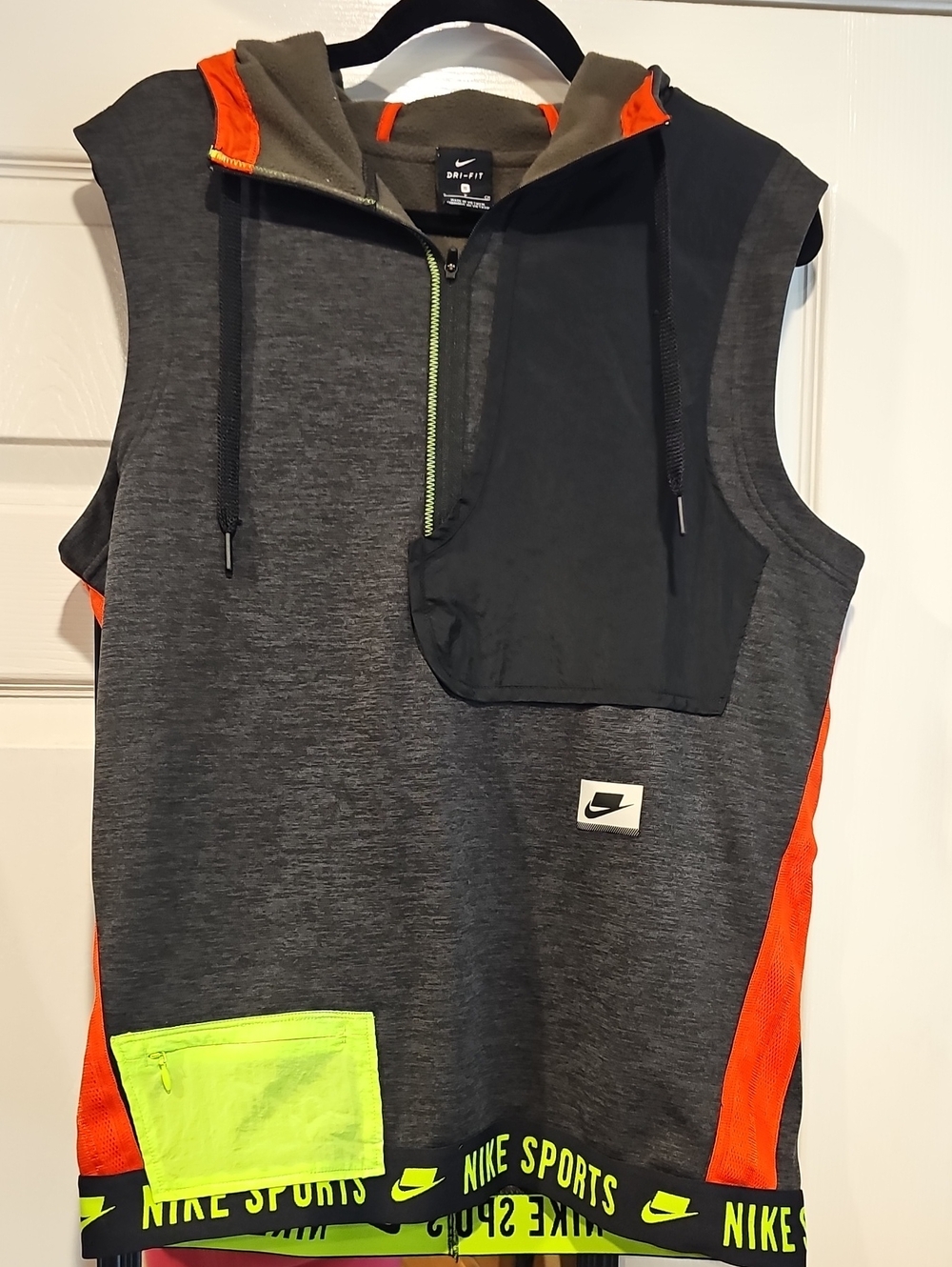 Nike Sleeveless Hoodie Vest in Charcoal with Neon Yellow and Orange Accents